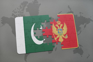 puzzle with the national flag of pakistan and montenegro on a world map background.