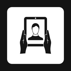 Man taking photo using tablet icon in simple style on a white background vector illustration