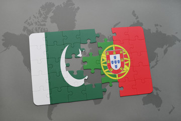 puzzle with the national flag of pakistan and portugal on a world map background.