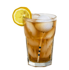 Parody of iced tea in a glass combined with a golf ball and tee