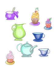 Colorful cupcakes and tea-service drawn by pencil and watercolor