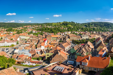 Fototapeta premium Aerial view of the old Sighisoara town, in Transylvania, Romania