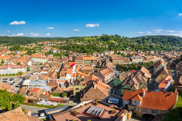 Fototapeta na wymiar Aerial view of the old Sighisoara town, in Transylvania, Romania