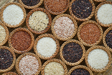 Different collection rice in wicker for background