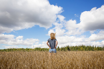 Naklejka na ściany i meble The backside upper body of teenage girl with her hands in back pockets and long curly hair standing in a ripe field of wheat under cloudy sky in autumn