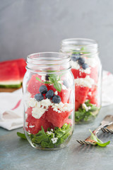 Watermelon salad in a jar with feta
