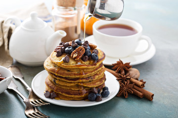 Pumpkin pancakes with blueberries