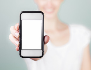 Girl holding a blank smartphone. 