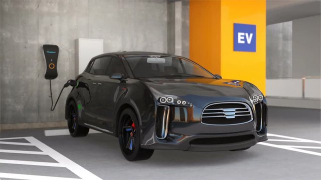 Black electric SUV recharging in parking garage. 3D rendering animation.