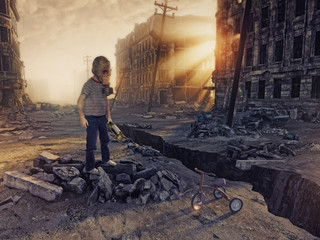 ruins of a city and the boy. Photo combination concept