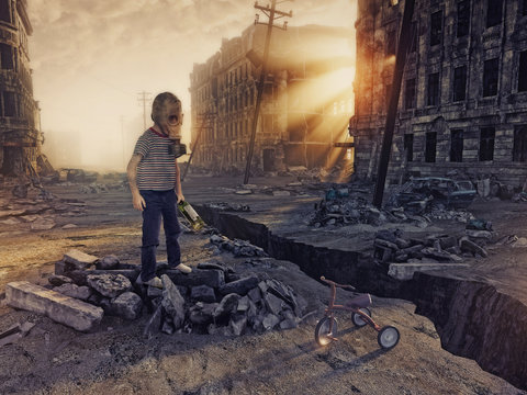 ruins of a city and the boy. Photo combination concept