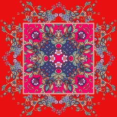 Decorative floral ornament in red tones. Can be used for frames, cards, bandana prints, kerchief design, tablecloths and napkins. Vector illustration.