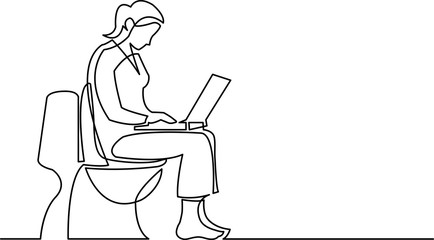 continuous line drawing of woman sitting on toilet seat with com
