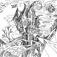 Hand drawn fantasy castle. Black illustration on white background. Witch house.