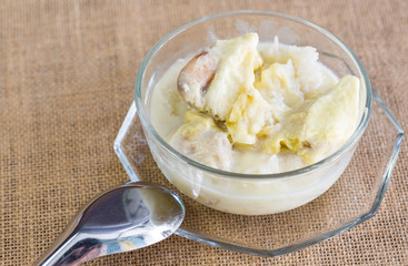 Durian with coconut milk sticky rice in glass bowl,  Popular tha