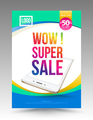 Super sale poster template with smartphone. Vector illustration