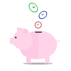 Piggy-bank saves time . Vector illustration. Flat