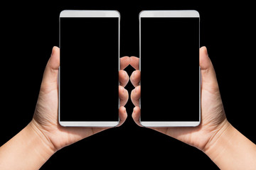 Isolated female hand holding a phone with black screen background