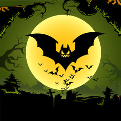 Halloween Background with bats in front of the moon.