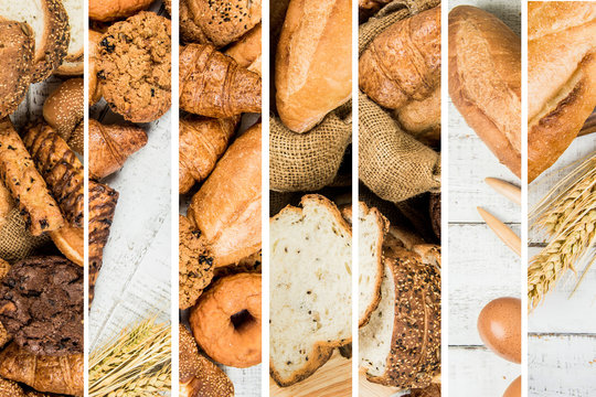 Collage of bakery  food close-up for background