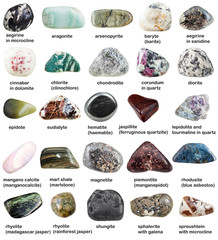 various tumbled minerals with names isolated