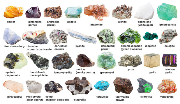 set from raw gemstones and crystals with names