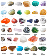 various tumbled gemstones with names isolated