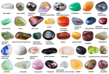 collage from various tumbled gemstones with names