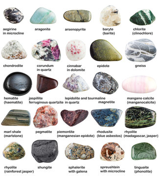 various polished minerals with names isolated