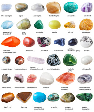 various tumbled gemstones with names isolated
