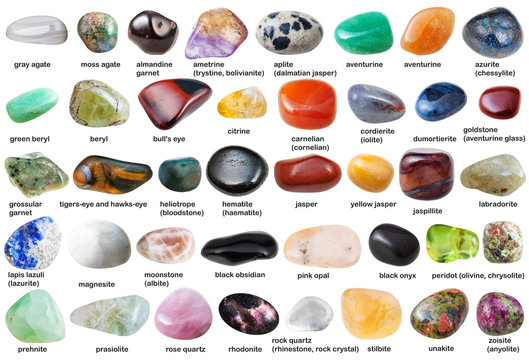 collage from various tumbled gemstones with names