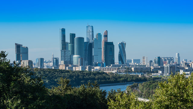 Cityscape from Sparrow hill viewing modern skyscrapers in Moscow , Russia