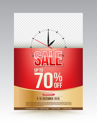 Sale poster design template up to 70 percent off with clock. vector illustration.