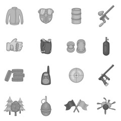 Paintball icons set in black monochrome style. Airsoft equipment and outfit set collection vector illustration