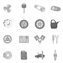 Fototapeta premium Auto spare parts icons set in black monochrome style. Car maintenance set collection vector illustration