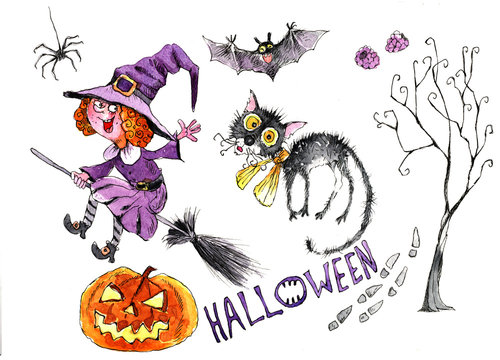 Little witch in purple dress.  Illustration about  Halloween. Image to print on fabric.