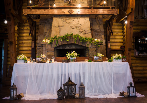 Served banquet tables in rustic style