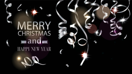 Merry Christmas background. Beautiful curled realistic sparkling serpentine