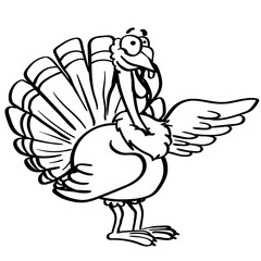 outline coloring cartoon turkey with a smile on white background