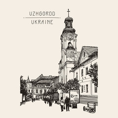 sketch of Uzhgorod cityscape, Ukraine, town landscape and people