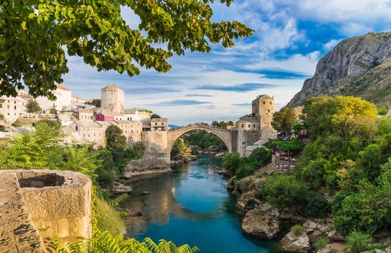Beautiful landscape of the historic town of Mostar, valley of the Neretva River
