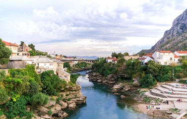 Fototapeta na wymiar Neretva river, the city of Mostar, Bosnia and Herzegovina
