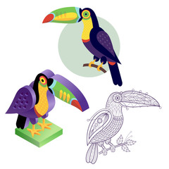 Set toucan image in different styles.