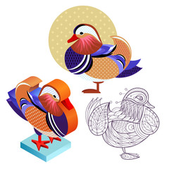 Set Mandarin duck image in different styles.