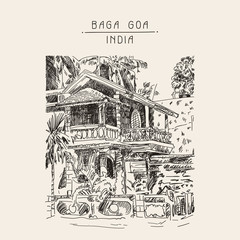 original drawing of India Goa Calangute Baga landscape street, t