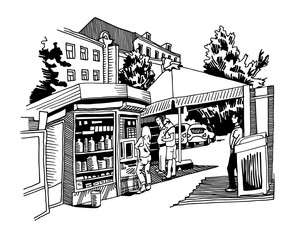 original black and white digital sketch of street cafe with peop