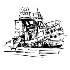 Naklejka premium black and white ink sketch drawing of boat in marine