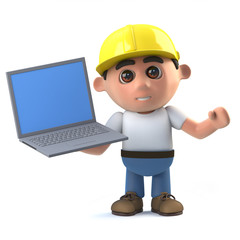 3d Construction worker holding a laptop pc device