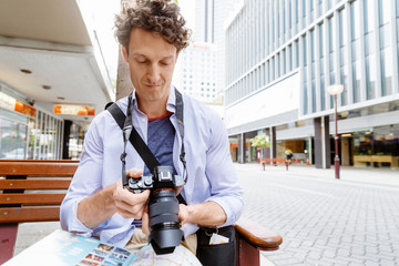 Male tourist in city