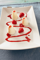 Panna cotta with raspberry and strawberry sauce, bright colors.